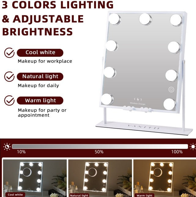 Vanity Makeup Mirror Wireless Charge Bluetooth Speaker Adjustable Light 9 LED 360 Degree Rotation