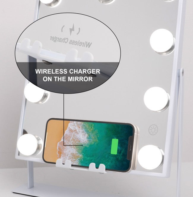 Vanity Makeup Mirror Wireless Charge Bluetooth Speaker Adjustable Light 9 LED 360 Degree Rotation