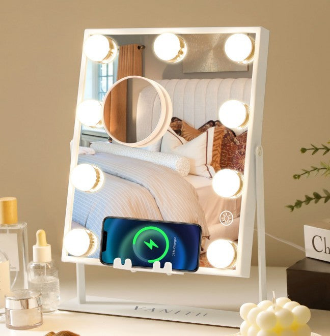Vanity Makeup Mirror Wireless Charge Bluetooth Speaker Adjustable Light 9 LED 360 Degree Rotation